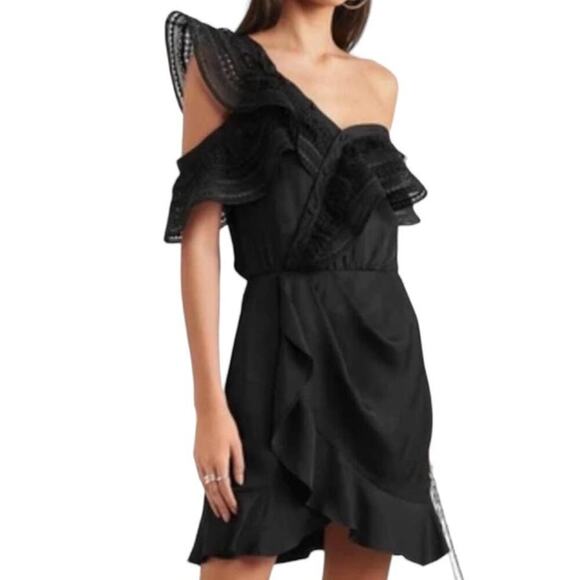 Self-Portrait Dresses & Skirts - Self-Portrait One Shoulder Guipere Lace Trimmed Black Satin Mini Dress Size 4